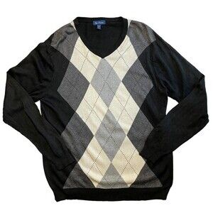 Silk Cashmere Men's Grey Black White V-Neck Argyle Sweater Size Large